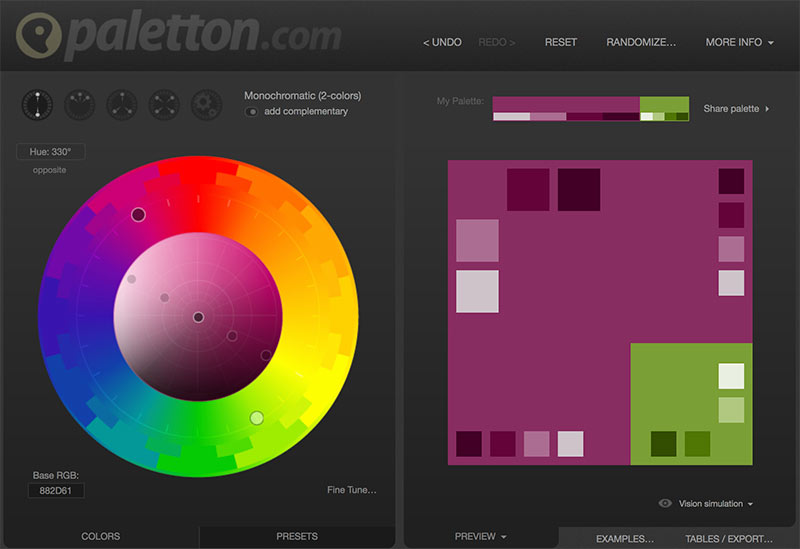 Círculo crómatico online, herramienta que te permite crear paletas de colores interesantes, a través de sus combinaciones; colores complementarios, monocromáticos, análogos y triádicos.