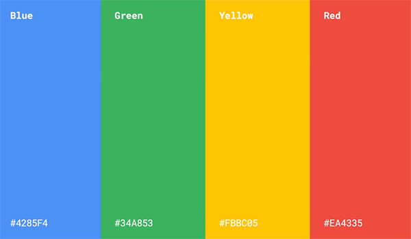Paleta de colores utilizada en el logotipo de Google. Azul, verde, amarillo, rojo.